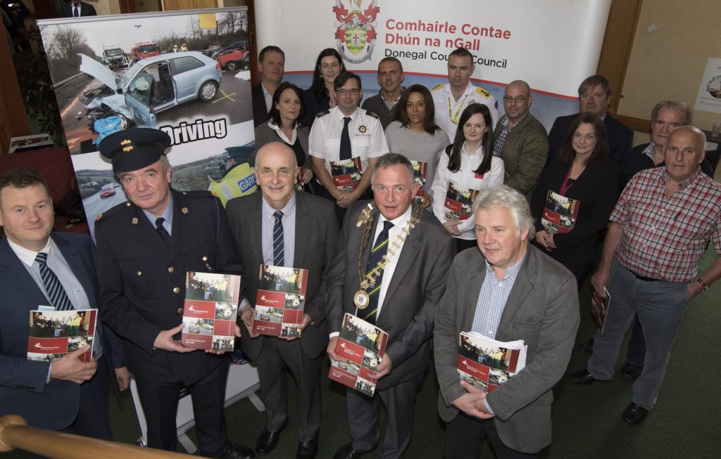 Mayor Donegal Colr Terence Slowey with membres of the Road Safety Working Group including Seamus Neilly (CEO Donegal County Council). Inspector Michael Harrison, Brian O'Donnell (Road Safety Officer) and Phil at the launch of the 5 yr plan. (North West Newspix)